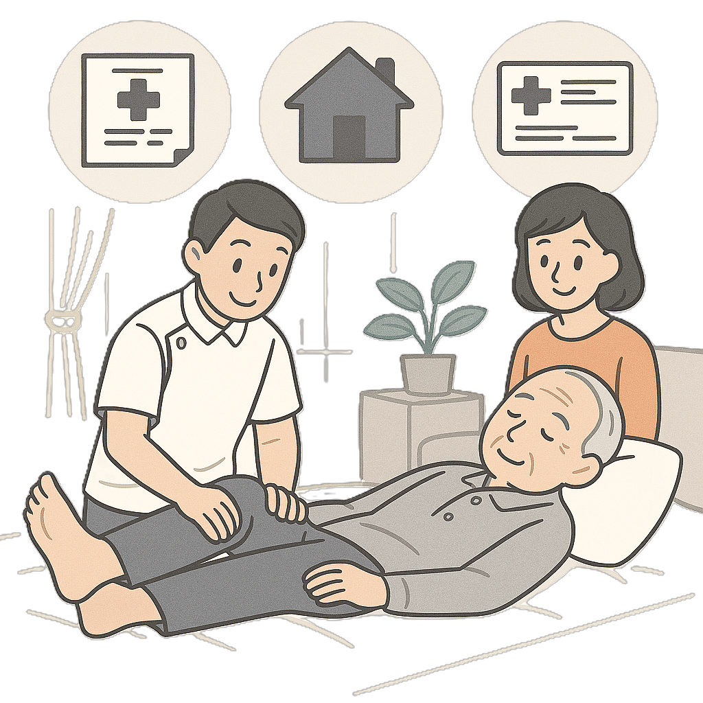 あん摩マッサージ指圧師は、厚生労働大臣が認定する国家資格を持つ専門職で、訪問マッサージができるのは、あん摩マッサージ指圧師だけです。

人体の構造・筋肉・神経・循環器の知識を基礎として、痛みやしびれの緩和、血行改善、関節可動域の維持・向上などを目的に、医学的根拠に基づく施術を行います。特に訪問マッサージでは、歩行困難・通院が難しい方や脳梗塞後遺症、麻痺、関節拘縮、筋力低下など日常生活に支障がある方に対し、住み慣れたご自宅や施設で安全に施術を提供できることが大きな特徴です。